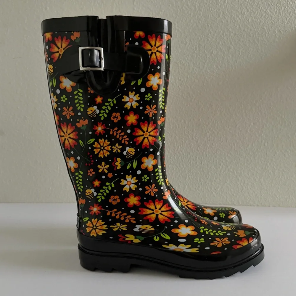 Landchief Women's Garden Blossom Rain Boots Tall Waterproof Anti-Slip Size 7 NEW